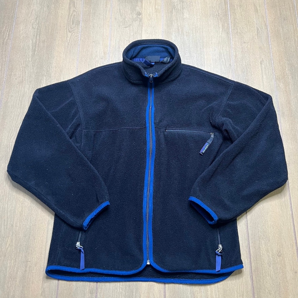 Patagonia Fleece Jacket Mens M Black Synchilla Full Zip Vintage Rare Blue Trim